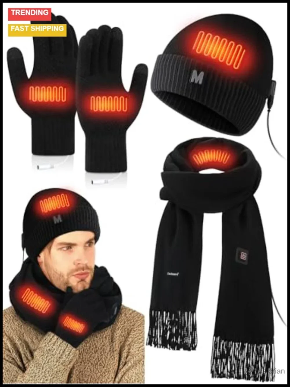 3-Piece USB Heated Hat, Scarf & Gloves Set with 3-Level Temperature, Knitted &